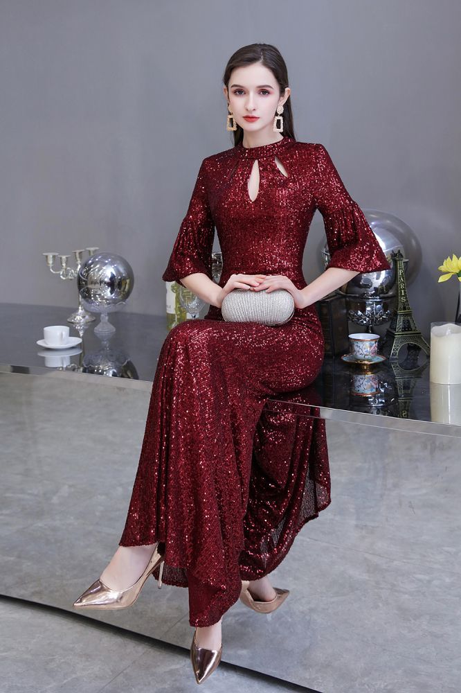 Glittering Half Sleeves Keyhole Mermaid Long Burgundy Prom Dress