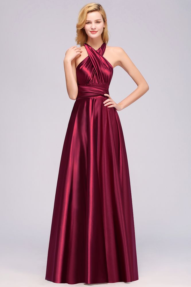 Simple A-Line V-Neck Sleeveless Floor Length Convertible Bridesmaid Dress with Ruffles