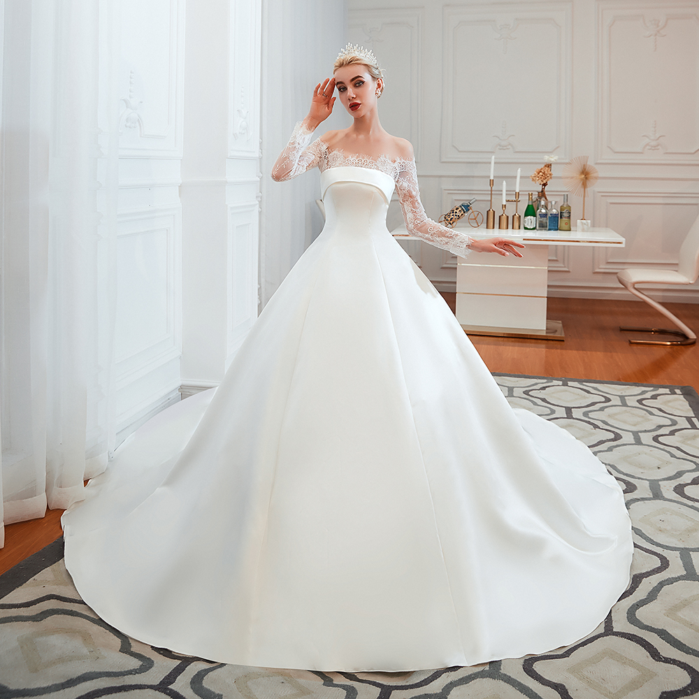 Romantic Lace Long Sleeves Princess Satin Wedding Dress | Princess Bridal Gowns with Cathedral Train