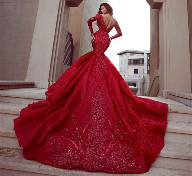 Stunning Long Sleeves Mermaid Evening Dresses with Train | Hot Backless Lace Crystal Prom Dresses BC0669-Babyonlinewholesale