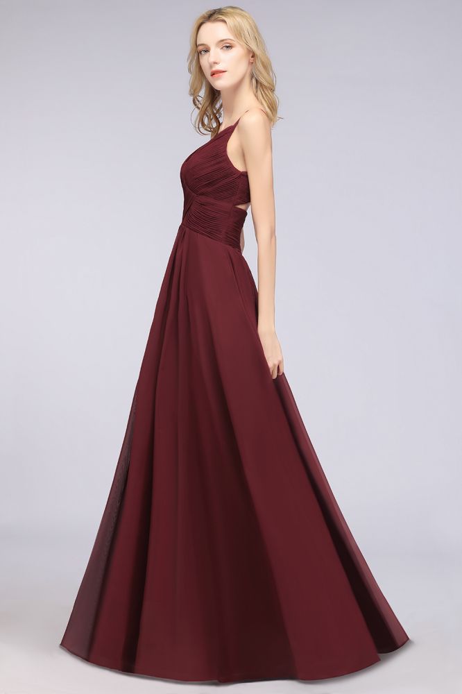Chiffon A-Line Spaghetti-Straps V-Neck Sleeveless Long Bridesmaid Dress with Ruffles