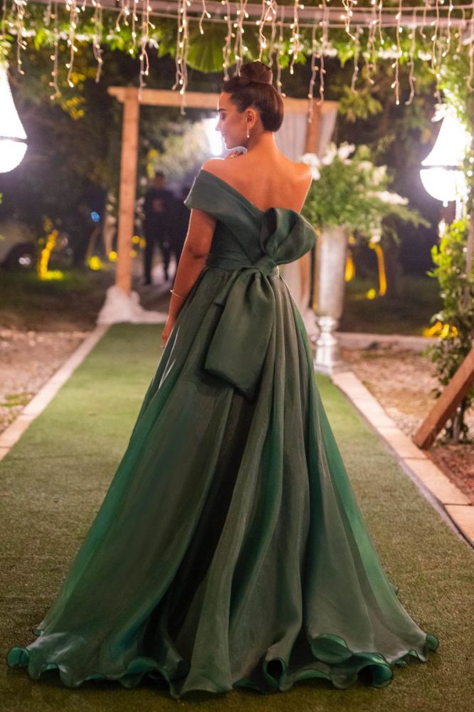 Dark Green Tulle Off the shoulder Tulle Prom Dresses
