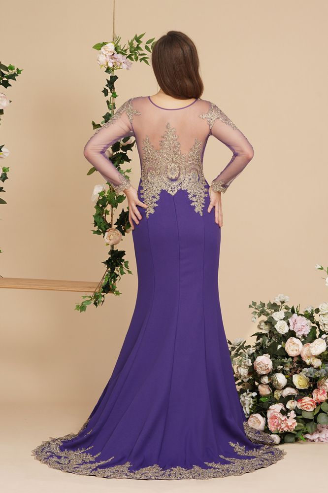Purple Long sleeve Illusion neck Gold Appliques Evening Dress