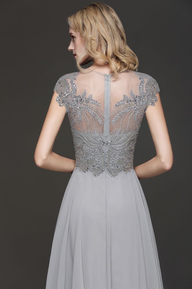 Crystal Appliques Sweetheart Side Slit Prom Dresses | Backless Capsleeves Evening Dresses