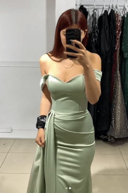 Sage Green Mermaid Satin Long Court Train Prom Dresses