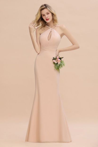 Halter Chiffon Mermaid Bridesmaid Dress Sleeveless Wedding Party Dress
