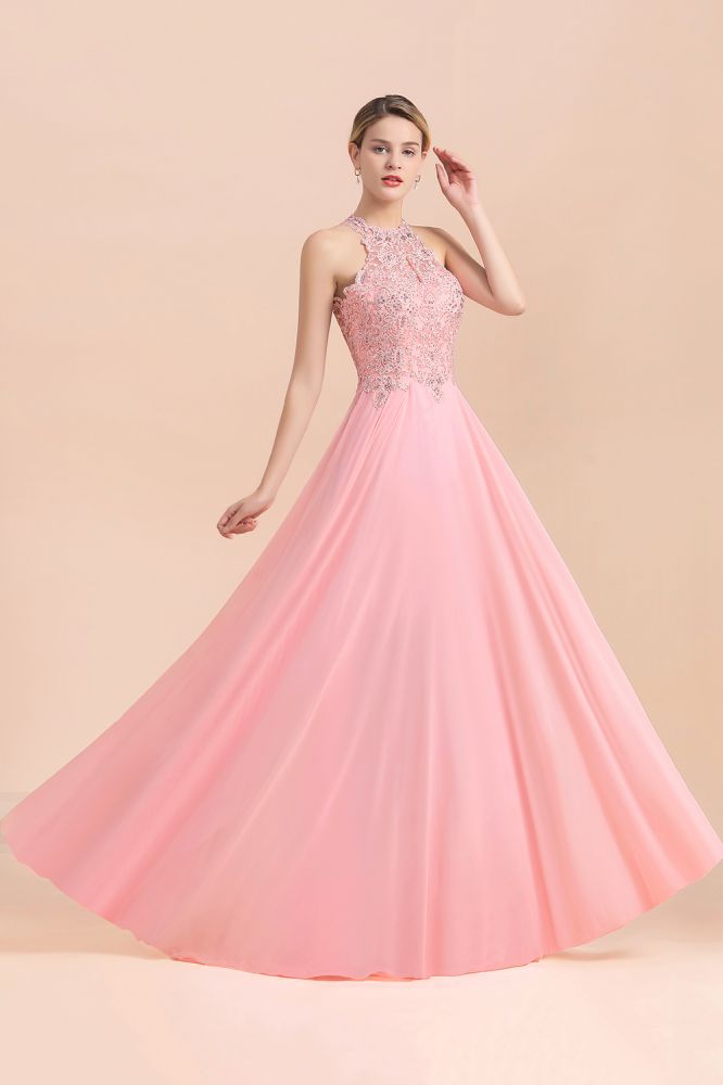 Modest Pink Pears Beaded A-line Halter Bridesmaid Dresses