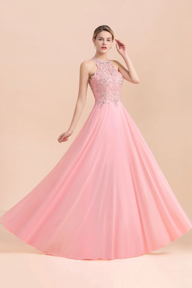Modest Pink Pears Beaded A-line Halter Bridesmaid Dresses