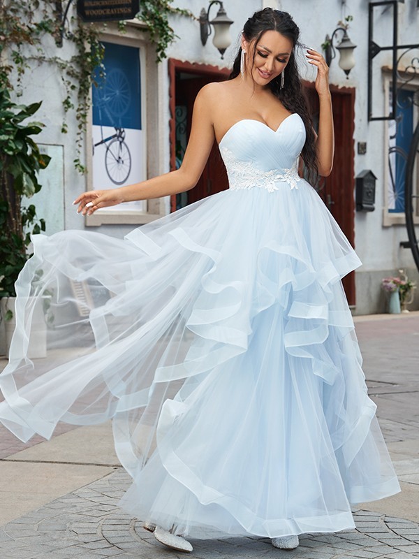 Elegant Sweetheart Tulle Ruffles Light Blue Prom Dresses