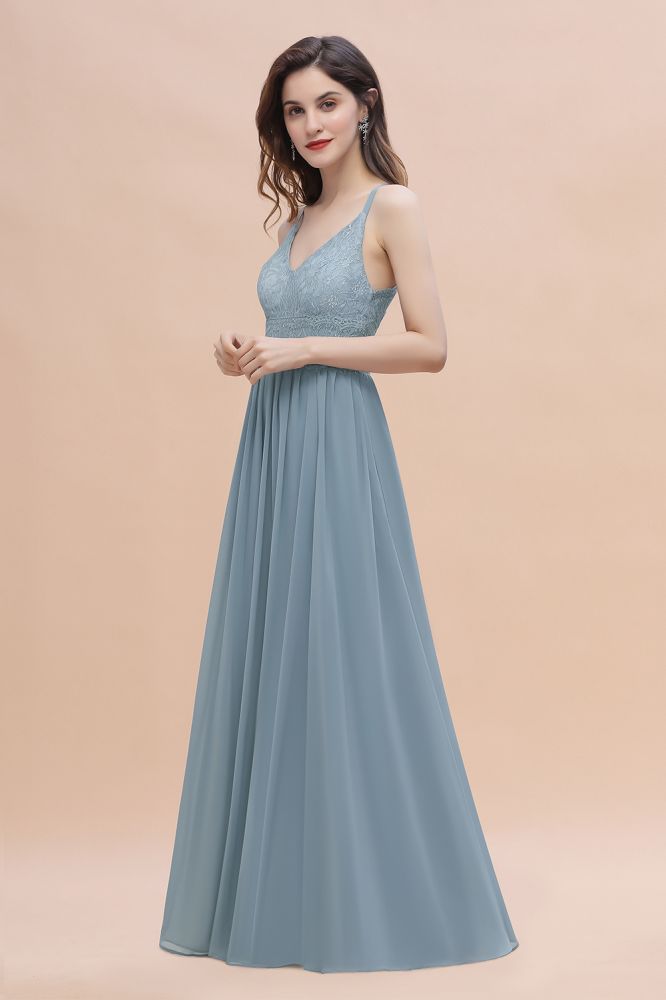 Aline Bridesmaid Dress Sleeveless V-Neck Lace Chiffon Long Evening Dress