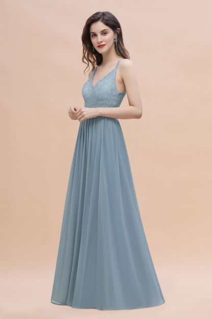 Aline Bridesmaid Dress Sleeveless V-Neck Lace Chiffon Long Evening Dress