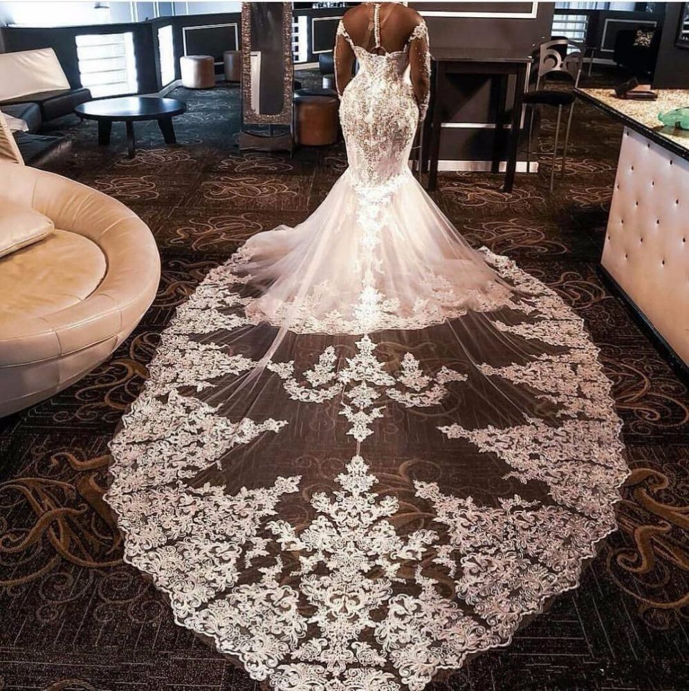 Luxury Long Sleeves Beading Appliques Rhinestones Mermaid Wedding Dress with Sweep Train