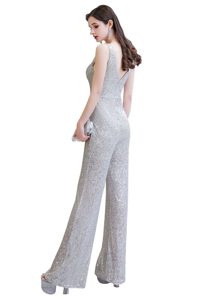 Sexy Shining V-neck Silver Sequin Sleeveless Prom Jumpsuit
