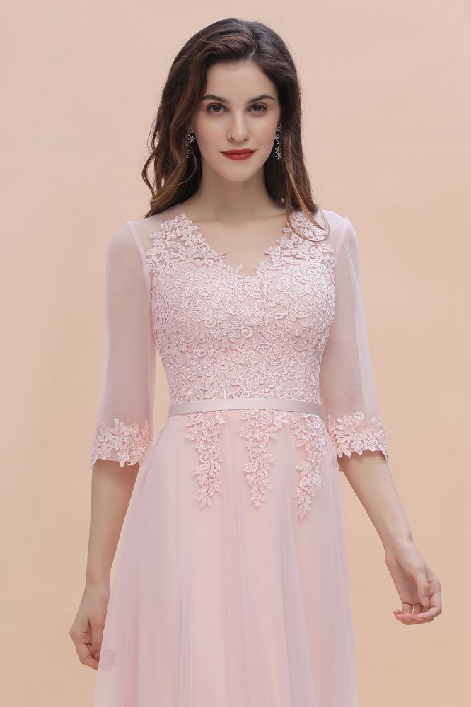 Romantic 3/4 Sleeves Pink Wedding Guest Dress Lace Appliques