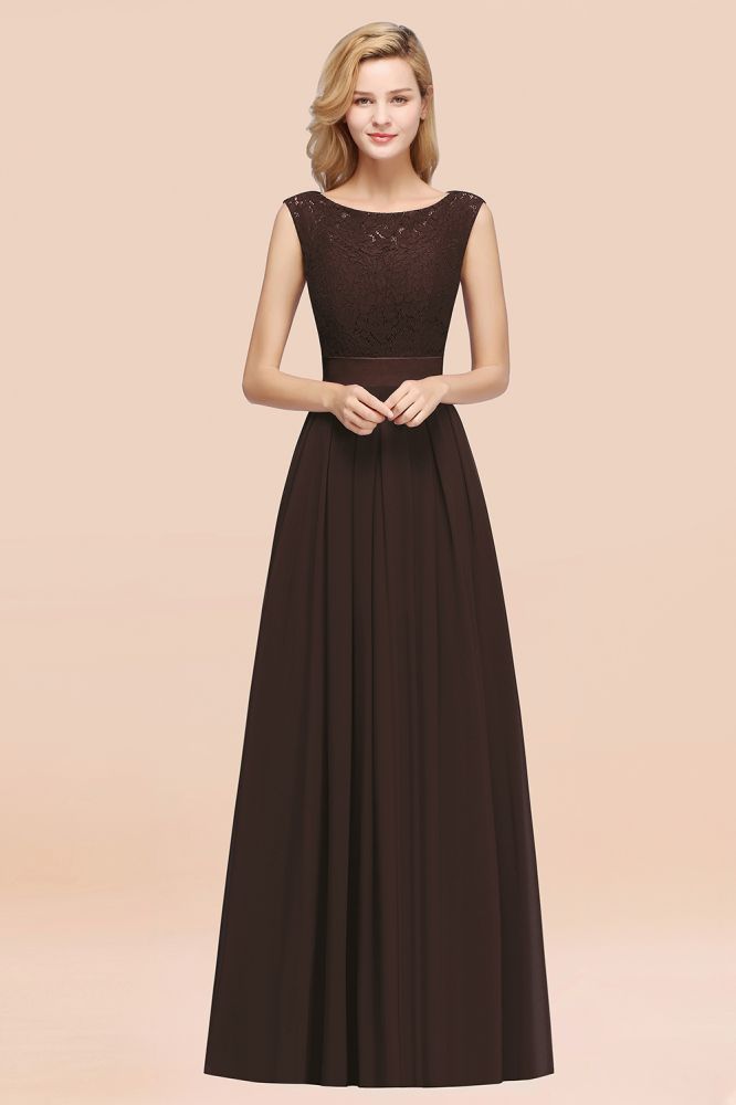 A-line Chiffon Lace Jewel Sleeveless Ruffles Floor-length Bridesmaid Dress