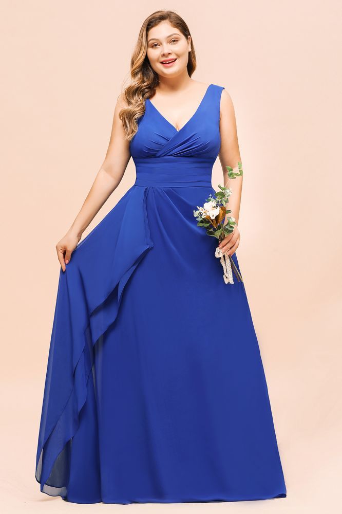 Plus Size V-Neck Ocean Blue V-Neck Aline Evening Dress for Women Long Bridesmaid Dress