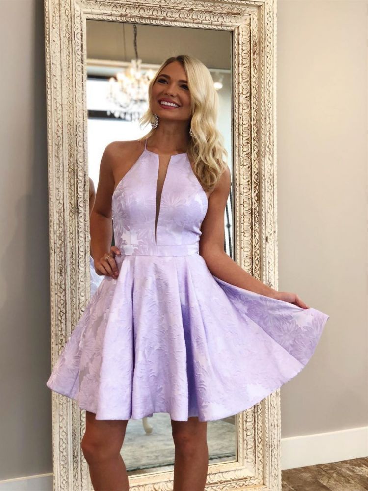 Deep-V-Neck Halter Appliques A-Line Sleeveless Homecoming Dress