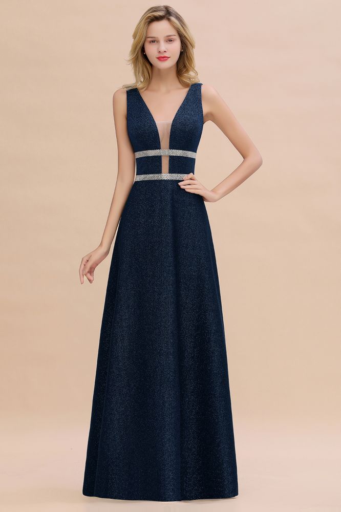 Sparkly Deep V-neck Long Evening Dresses with Shining Belt | Elegant Sleeveless V-back Pink Formal Dress-Babyonlinewholesale