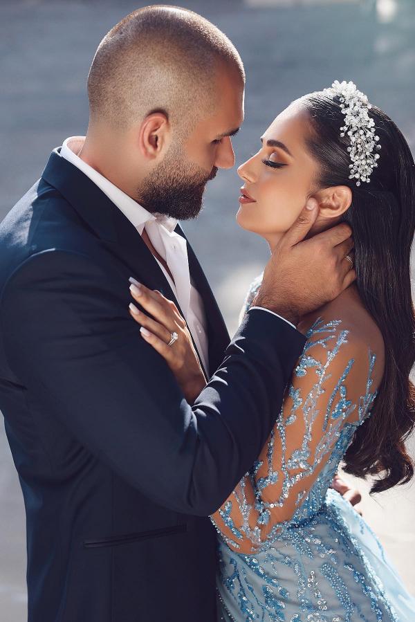 Sky blue Sweetheart Sparkle Crystals Long Prom Dress with Side Sweep Train