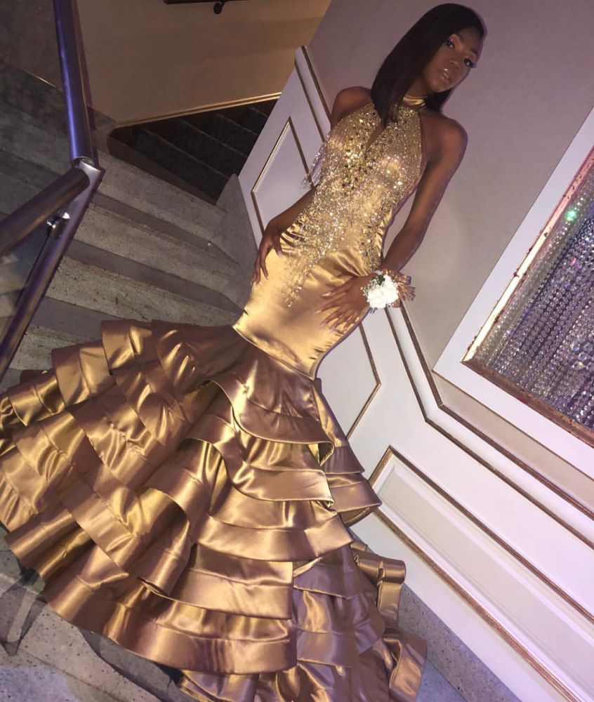 Glamorous Gold Mermaid High Neck Sleeveless Ruffles Crystal Prom Dresses