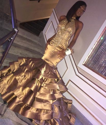 Glamorous Gold Mermaid High Neck Sleeveless Ruffles Crystal Prom Dresses