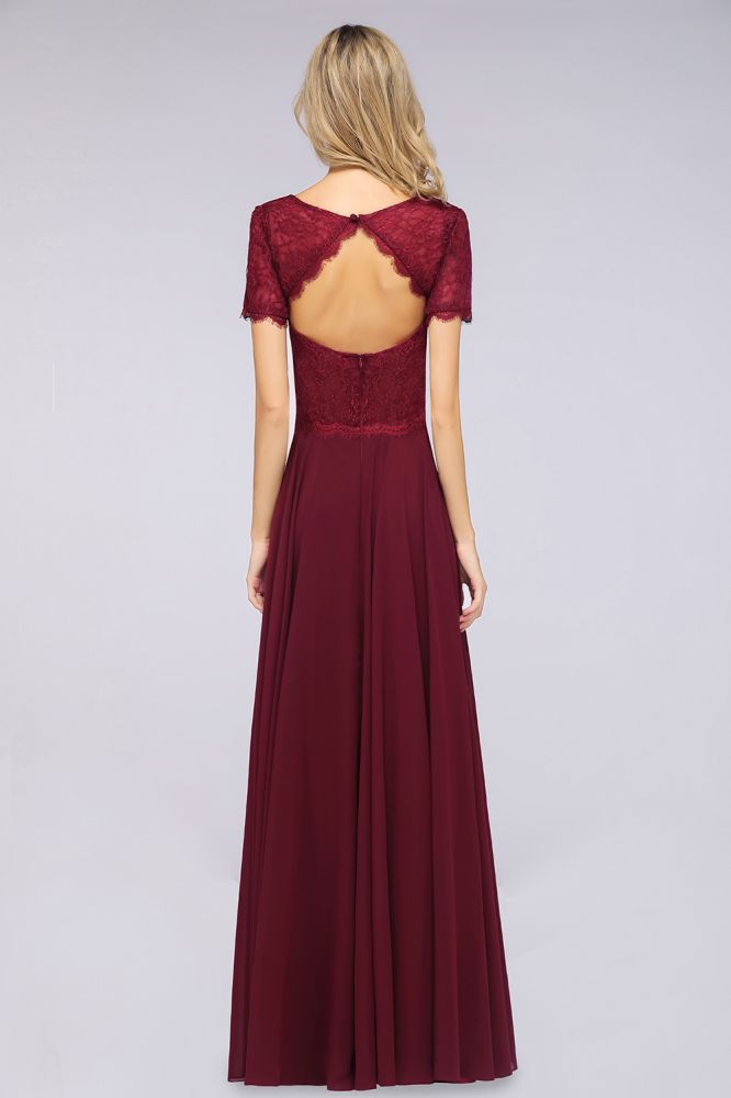 Chiffon A-Line Lace Round-Neck Short-Sleeves Long Bridesmaid Dress