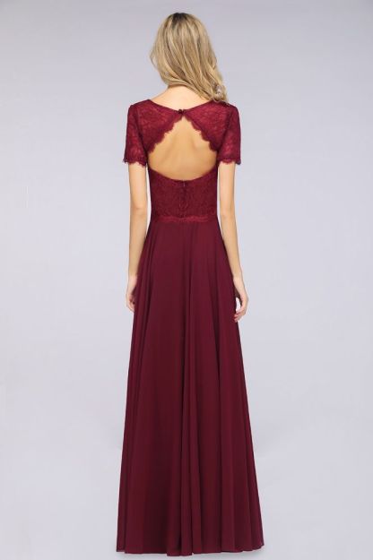 Chiffon A-Line Lace Round-Neck Short-Sleeves Long Bridesmaid Dress