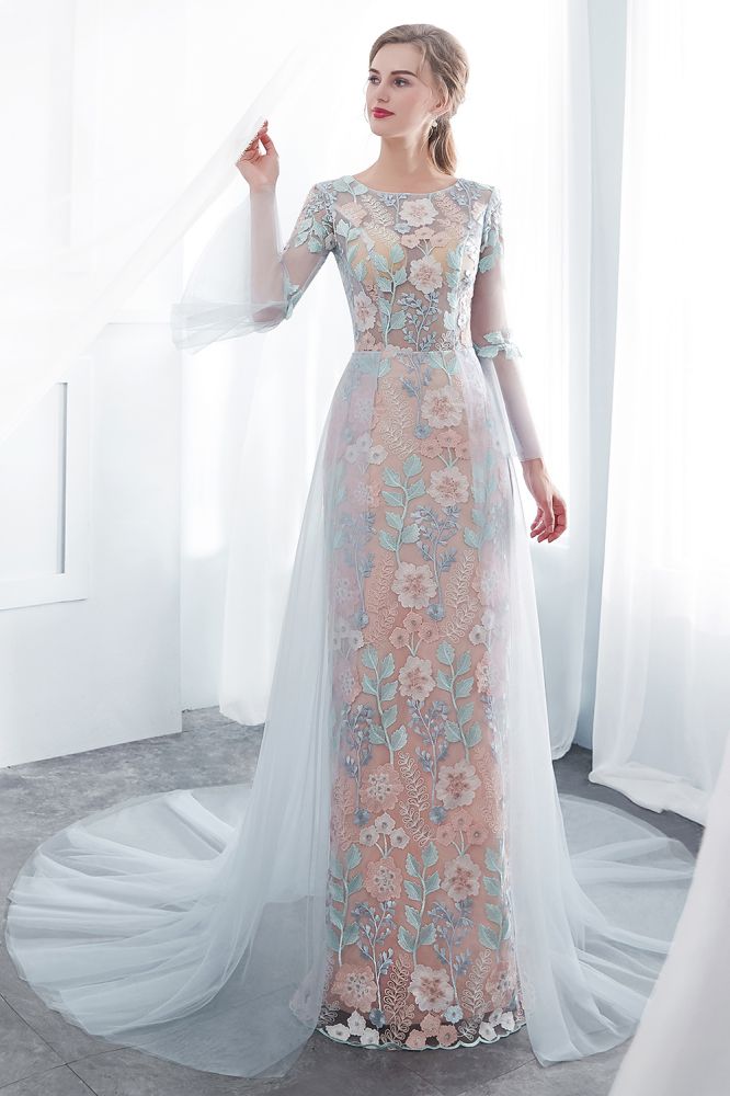NAOMI | Sheath Long Sleeves Sheer Neckline Appliqued Flowers Evening Dresses