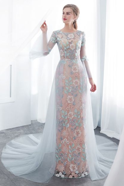 NAOMI | Sheath Long Sleeves Sheer Neckline Appliqued Flowers Evening Dresses