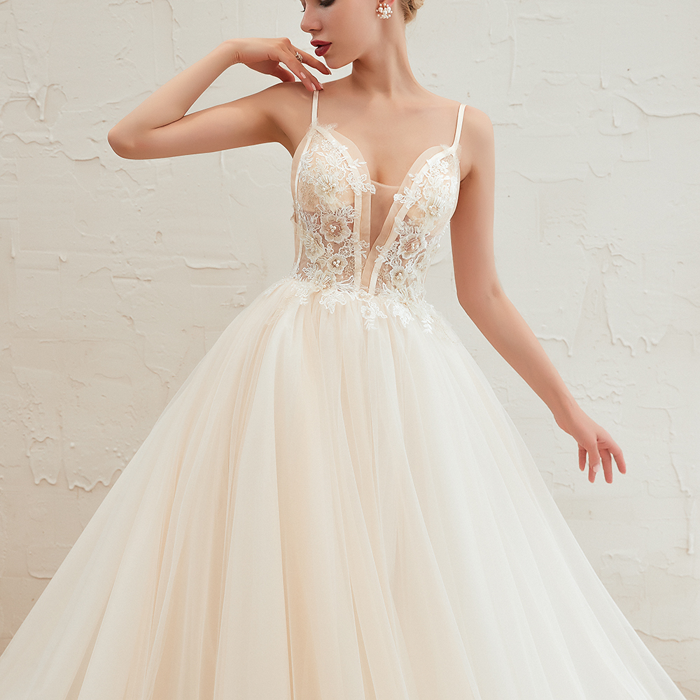 Boho Spaghetti Straps Ivory Ball Gown Wedding Dress | Romantic Bridal Gowns for Sale