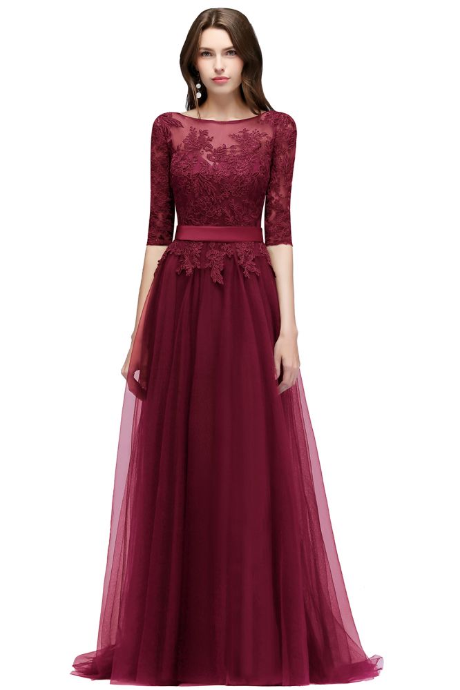 NANA | A-line Half Sleeves Floor Length Slit Appliqued Tulle Prom Dresses with Sash