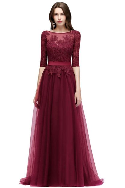 NANA | A-line Half Sleeves Floor Length Slit Appliqued Tulle Prom Dresses with Sash