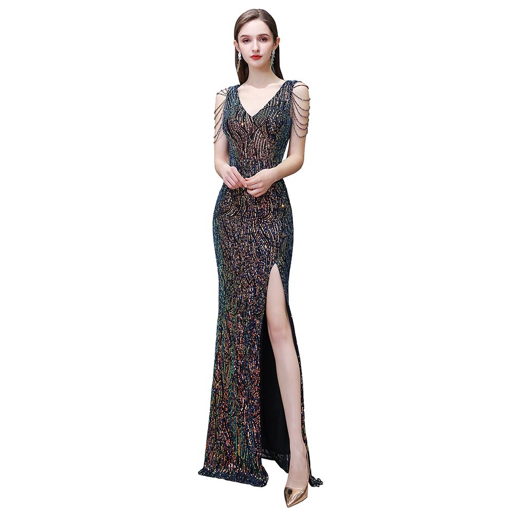 Sparkle V-neck High split Sleeveless Black Evening Dress Online