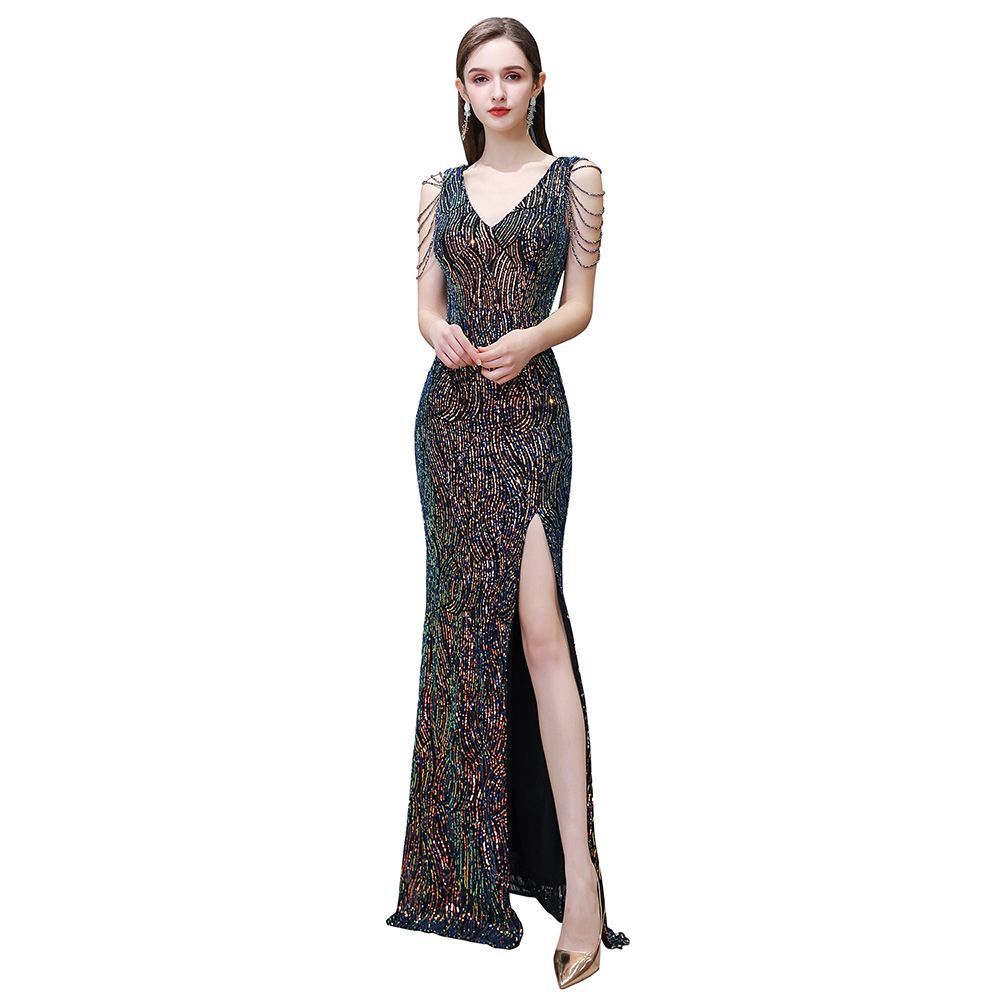 Sparkle V-neck High split Sleeveless Black Evening Dress Online