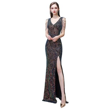 Sparkle V-neck High split Sleeveless Black Evening Dress Online