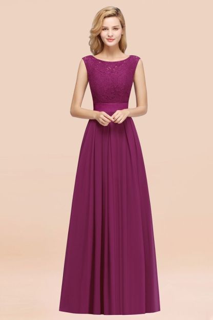 A-line Chiffon Lace Jewel Sleeveless Ruffles Floor-length Bridesmaid Dress