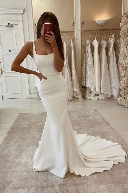 Sexy Spaghetti Strap White Satin Long Wedding Dresses