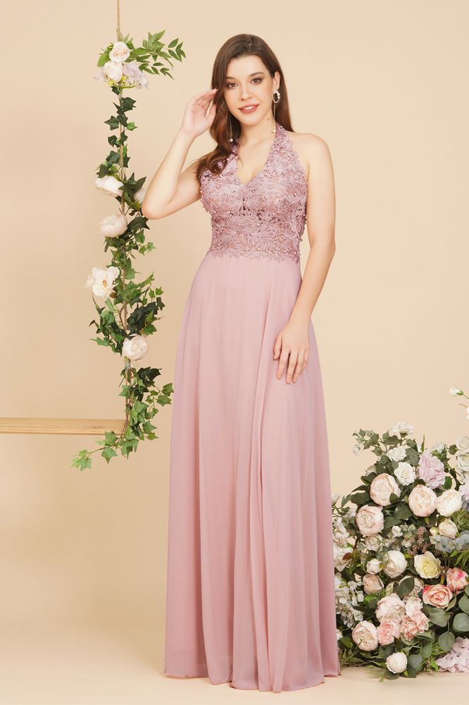 V-neck Dusty Pink Sleeveless Chiffon Prom Dress