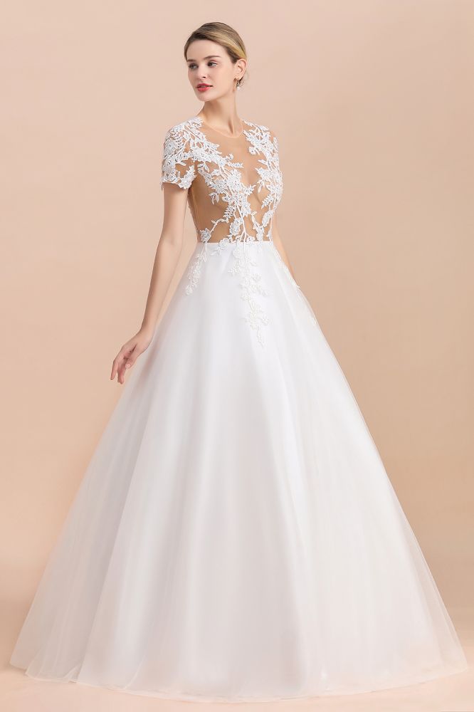 Elegant White Short Sleeves Ball Gown Buttons Lace Applique Wedding Dress