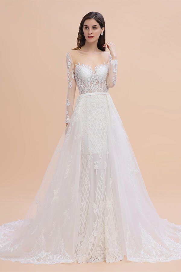 Luxury Beaded Lace Mermaid Wedding Dresses Tulle Appliques Bride Dresses with Detachable Train