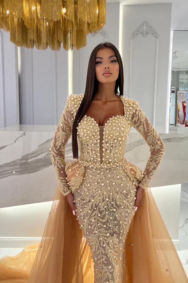 Champange mermaid long sleeves sweetheart prom dress with tulle overskirt