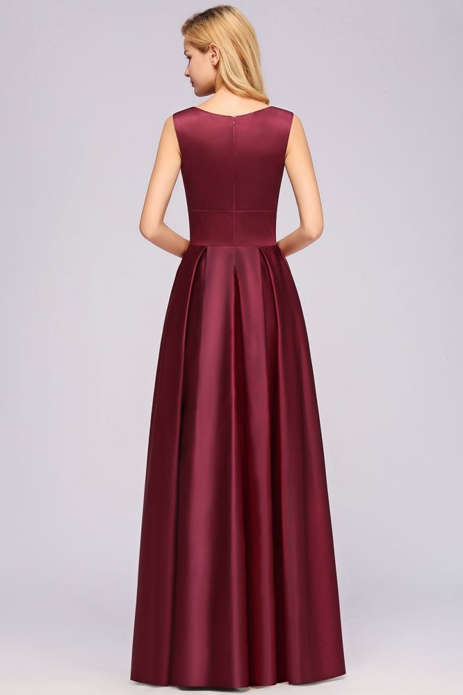 A-line Satin Deep-V-Neck Sleeveless Ruffles Floor-length Bridesmaid Dress