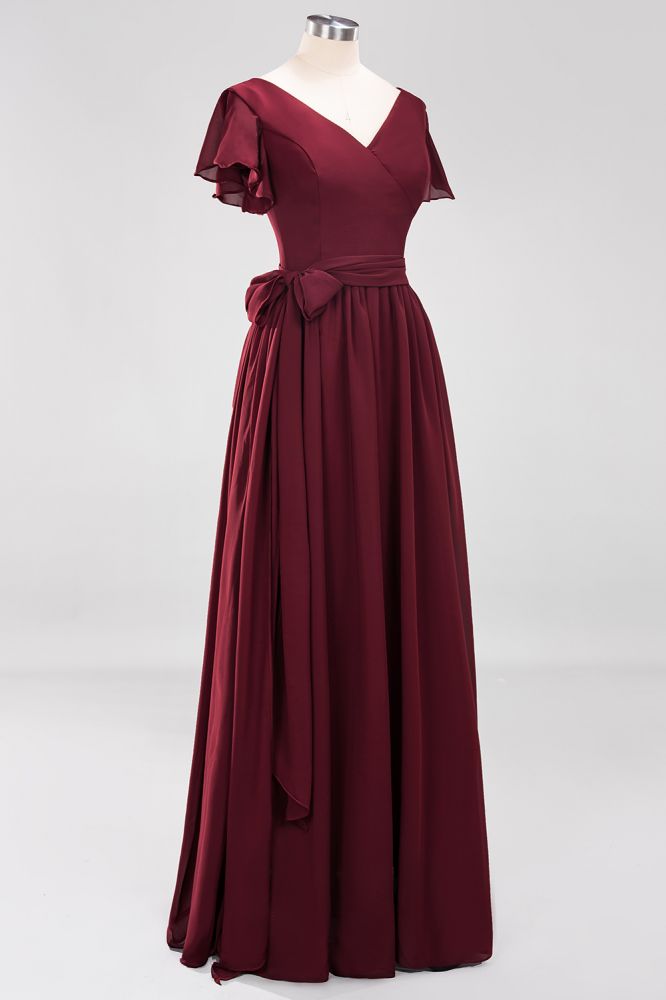 Elegant A-line Chiffon V-Neck Spaghetti Straps Sleeveless Floor-Length Bridesmaid Dresses with Beading Sash-Babyonlinewholesale