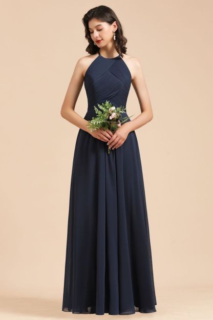 Halter Chiffon Long Evening Maxi Dress Sleeveless Pleated Wedding Guest Dress