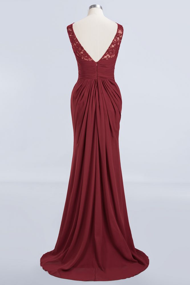 Elegant A-Line Burgundy Chiffon Lace Scoop Sleeveless Ruffles Floor-Length Bridesmaid Dresses