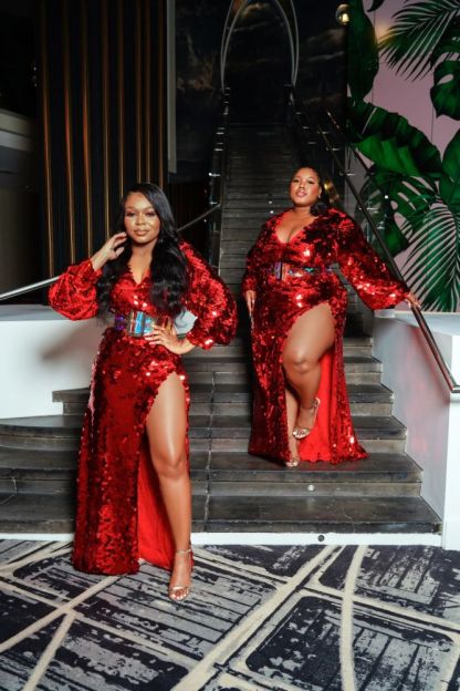 Sexy Sequined High Split Long Party Dresses Full Sleeves Sparkle Prom Gowns Vestidos