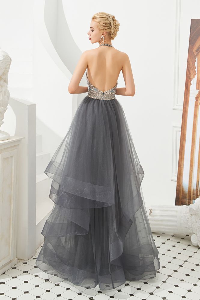 Floral Halter Evening Dress with Sparkle Beads | Trendy Gray Mother of the bride Dress with watermelon and blue decorations-Babyonlinewholesale