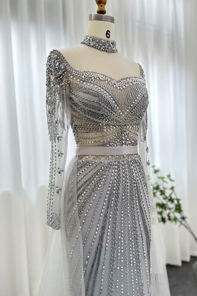 Gorgeous High Neck Beading Sequins Mermaid Evening Gown Long Sleeves Tulle Party Dress with Sweep Train-Babyonlinewholesale