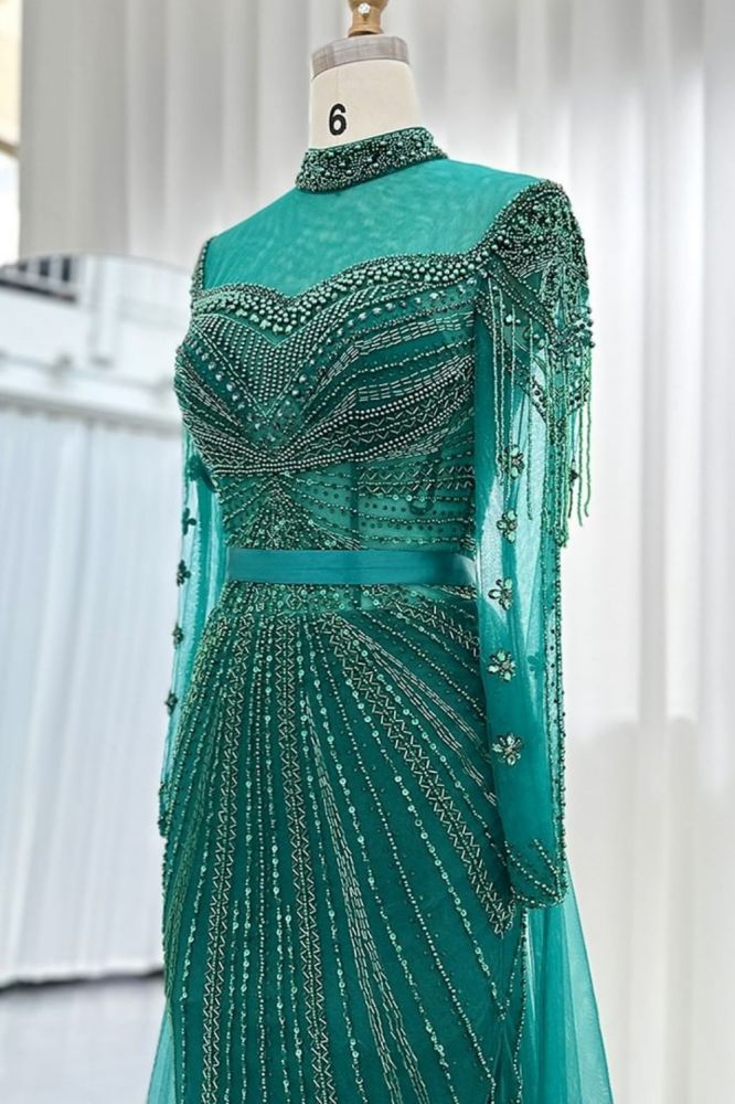 Gorgeous High Neck Beading Sequins Mermaid Evening Gown Long Sleeves Tulle Party Dress with Sweep Train-Babyonlinewholesale