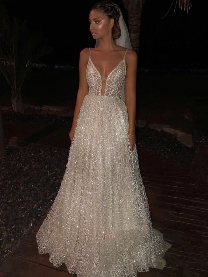 Sparkly White Spaghetti-Strap A-Line Sequins Wedding Dress | Shining Long Prom Gowns